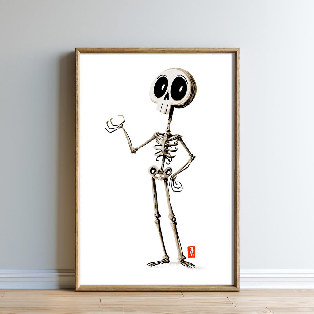 A framed illustration of a cartoon skeleton character with a friendly expression, standing upright and holding a small object in its hand.