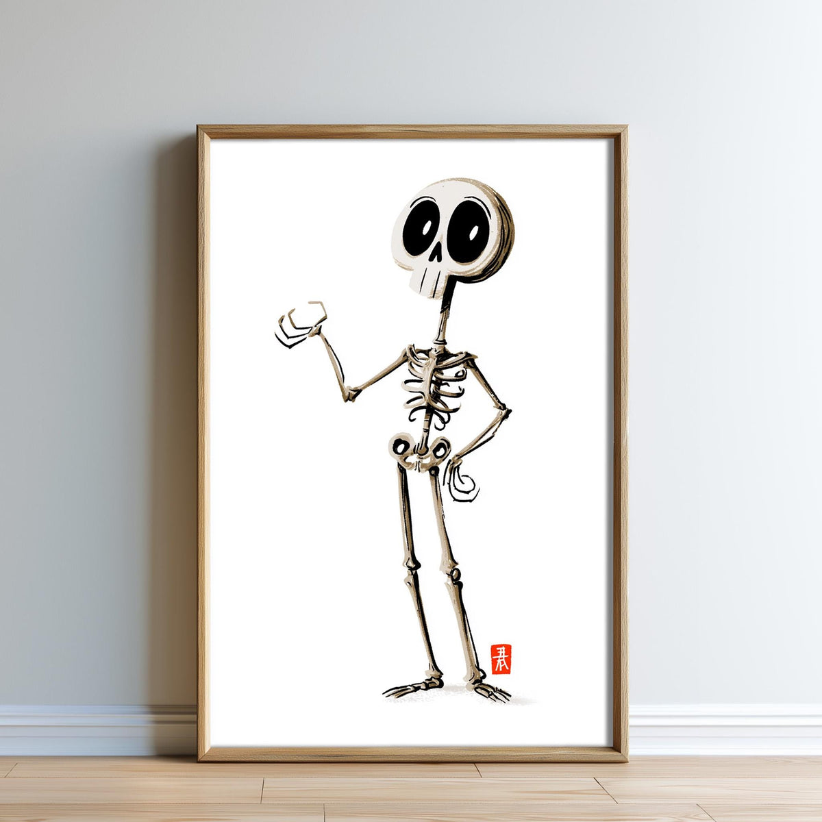 A framed illustration of a cartoon skeleton character with a friendly expression, standing upright and holding a small object in its hand.