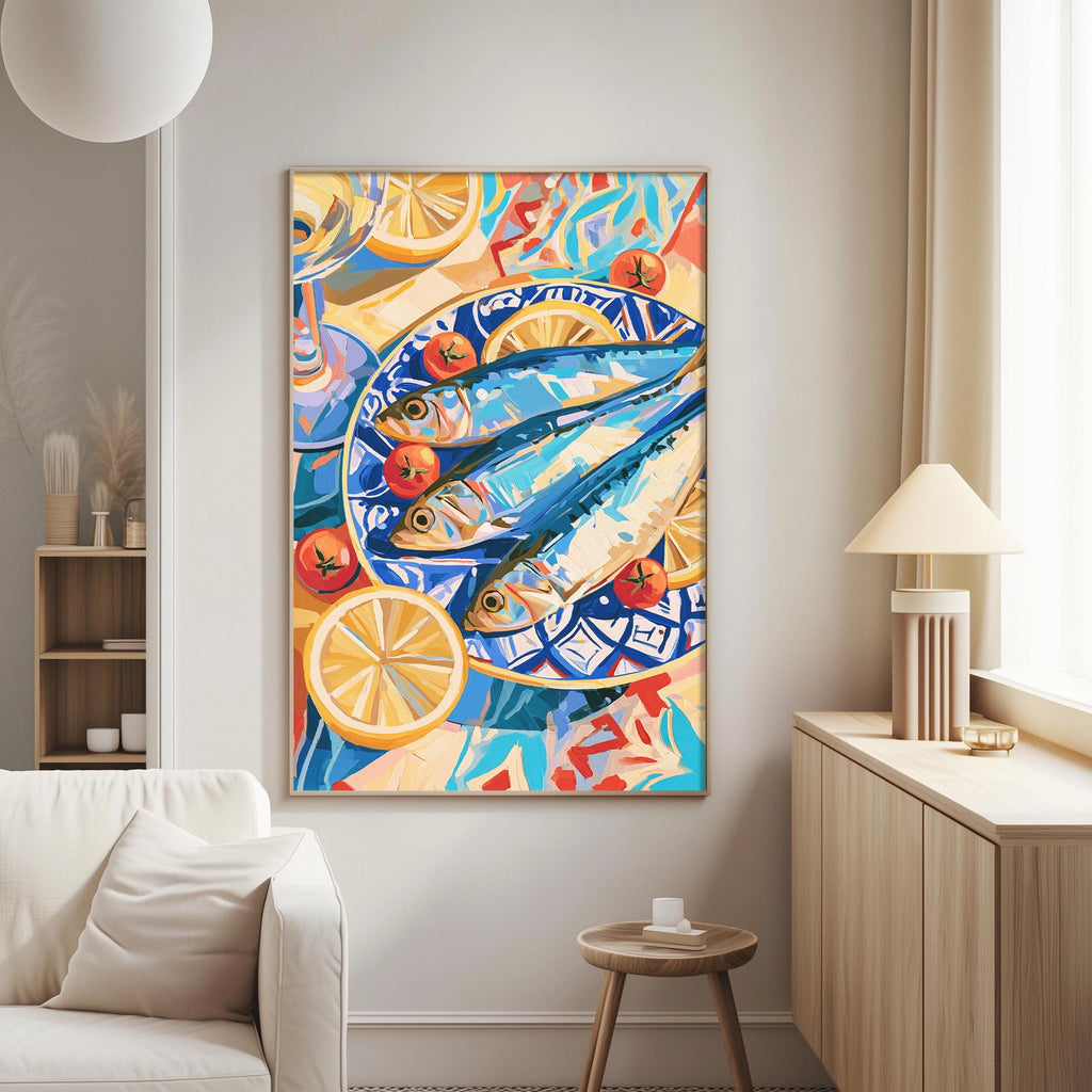 a vibrant, colorful painting of fish and fruit displayed on a wall in a living room setting.