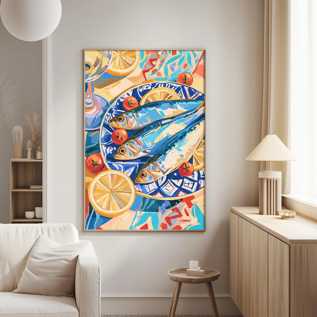 a vibrant, colorful painting of fish and fruit displayed on a wall in a living room setting.