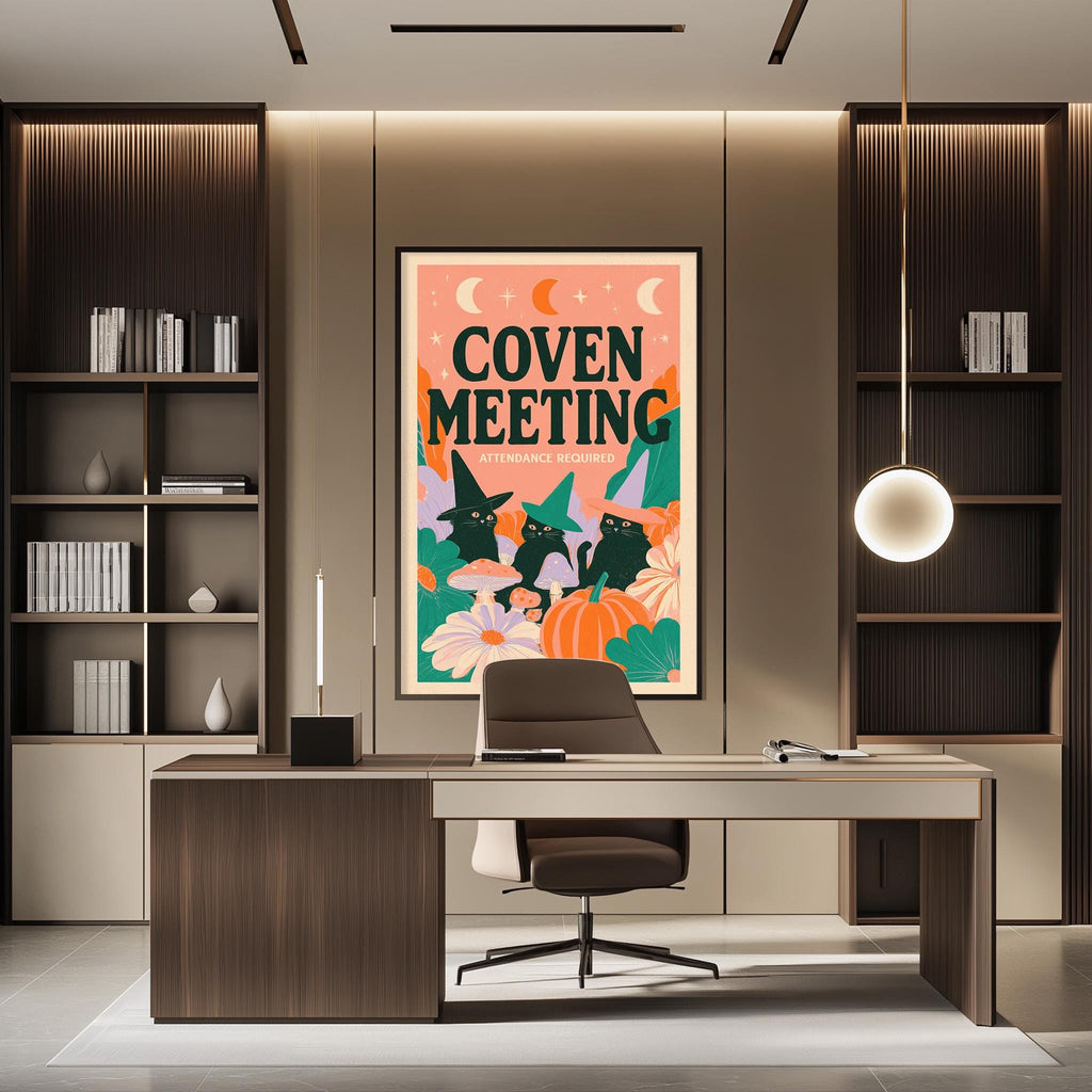 a modern office space with a large framed poster on the wall that reads "COVEN MEETING Attendance Required". The office has a wooden desk, a chair, and a bookshelf filled with books. The overall design and decor create a professional and stylish atmosphere.