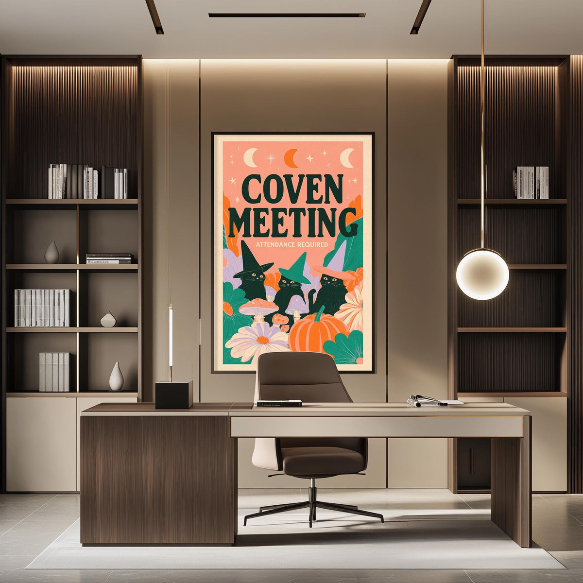 a modern office space with a large framed poster on the wall that reads "COVEN MEETING Attendance Required". The office has a wooden desk, a chair, and a bookshelf filled with books. The overall design and decor create a professional and stylish atmosphere.
