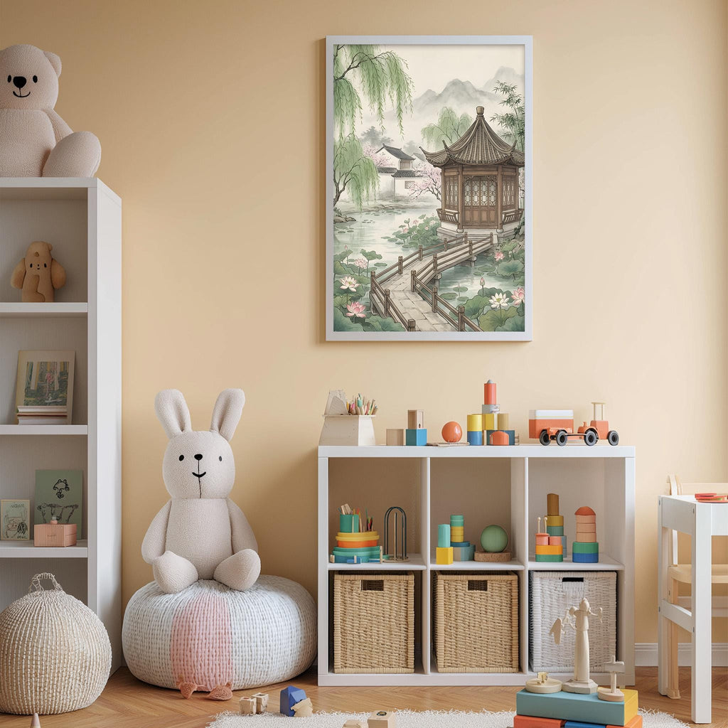A child's bedroom with a teddy bear, a toy train, and a framed picture of a traditional Chinese pavilion on the wall.