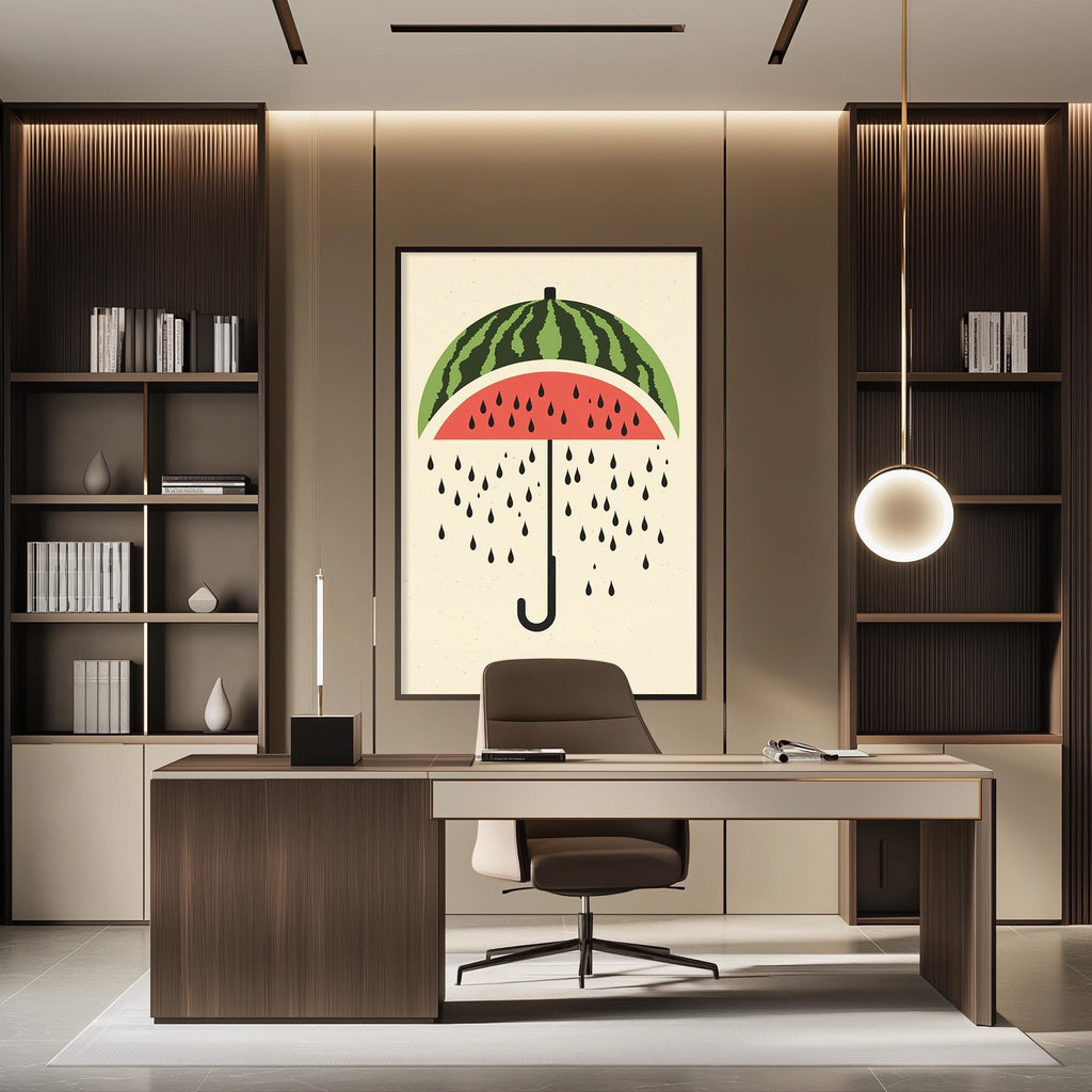 a modern office space with a large framed artwork of a watermelon umbrella on the wall, featuring a green watermelon slice and black raindrops. The office has a wooden desk, a chair, and a bookshelf filled with books.