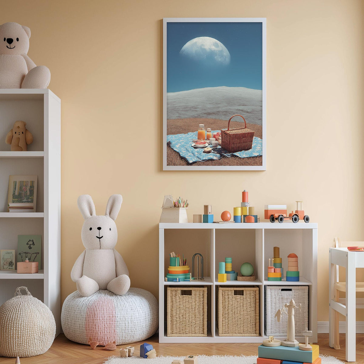 A cozy children's room with a stuffed bunny, a bookshelf, and a toy chest filled with toys. The room has a warm, inviting atmosphere, with a framed picture of a beach scene hanging on the wall.
