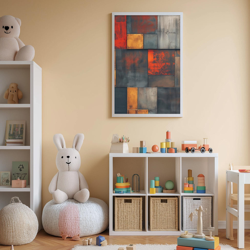 A cozy and colorful children's playroom with a large abstract painting on the wall, a white bookshelf filled with toys, and a white bean bag chair.