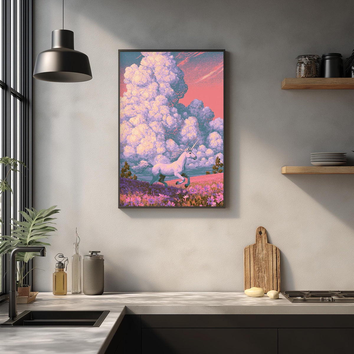 a framed painting of a unicorn in a field with a pink and blue sky in the background.