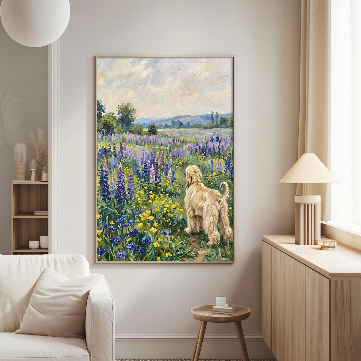 a large painting of a dog standing in a field of flowers, with a serene landscape in the background.