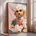 A framed painting of a dog wearing sunglasses, sitting on a beach chair with a striped towel, is displayed on a wall in a room.