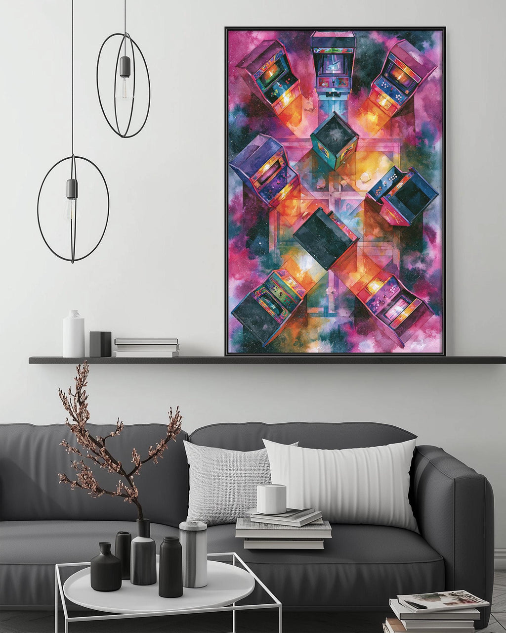a modern living room with a gray sofa, a coffee table, and a large abstract painting hanging on the wall above the sofa.
