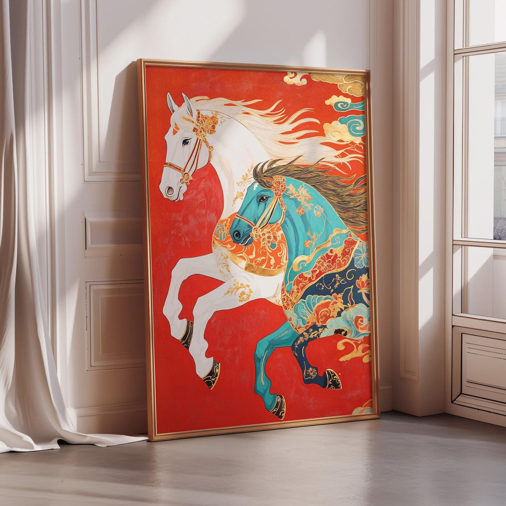 a large, colorful painting of two horses, one white and one blue, against a red background. The painting is framed and placed on a white wall in a room with a window.