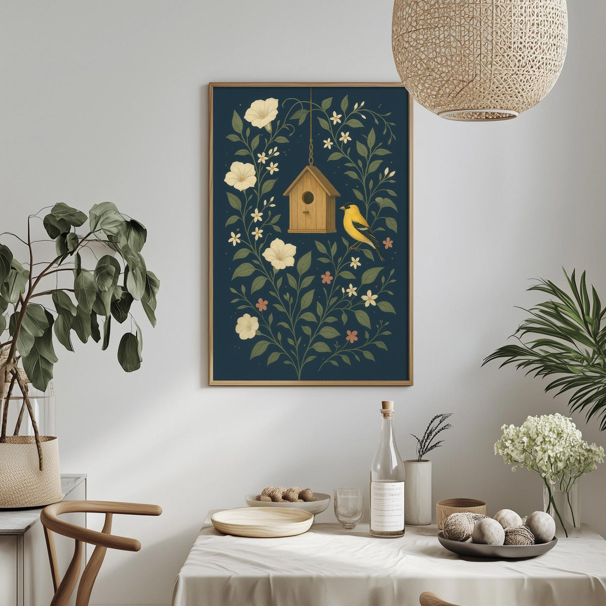 a dining table with a white tablecloth, a bowl of fruit, a bottle, and a vase with flowers. Above the table, there is a framed picture of a birdhouse with flowers and leaves.