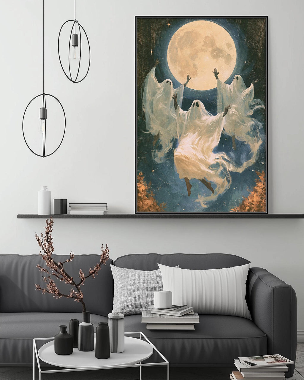 a large, colorful painting of a ghostly figure floating in the air, with a large moon in the background. The painting is displayed on a wall above a gray couch, which is decorated with various items such as a potted plant, vases, and books. The overall scene creates a whimsical and atmospheric ambiance in the living room.