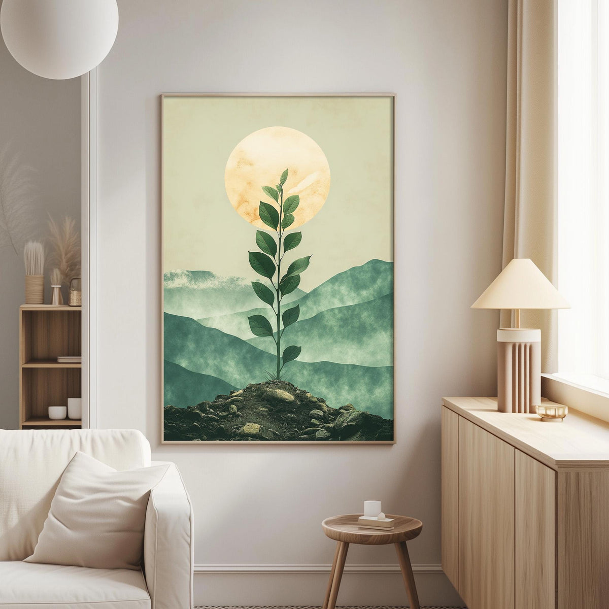 a living room with a large framed painting of a plant with a yellow sun above it, hanging on the wall. The painting is set against a backdrop of green mountains. The room also includes a white sofa, a wooden side table, and a lamp on a nearby table.