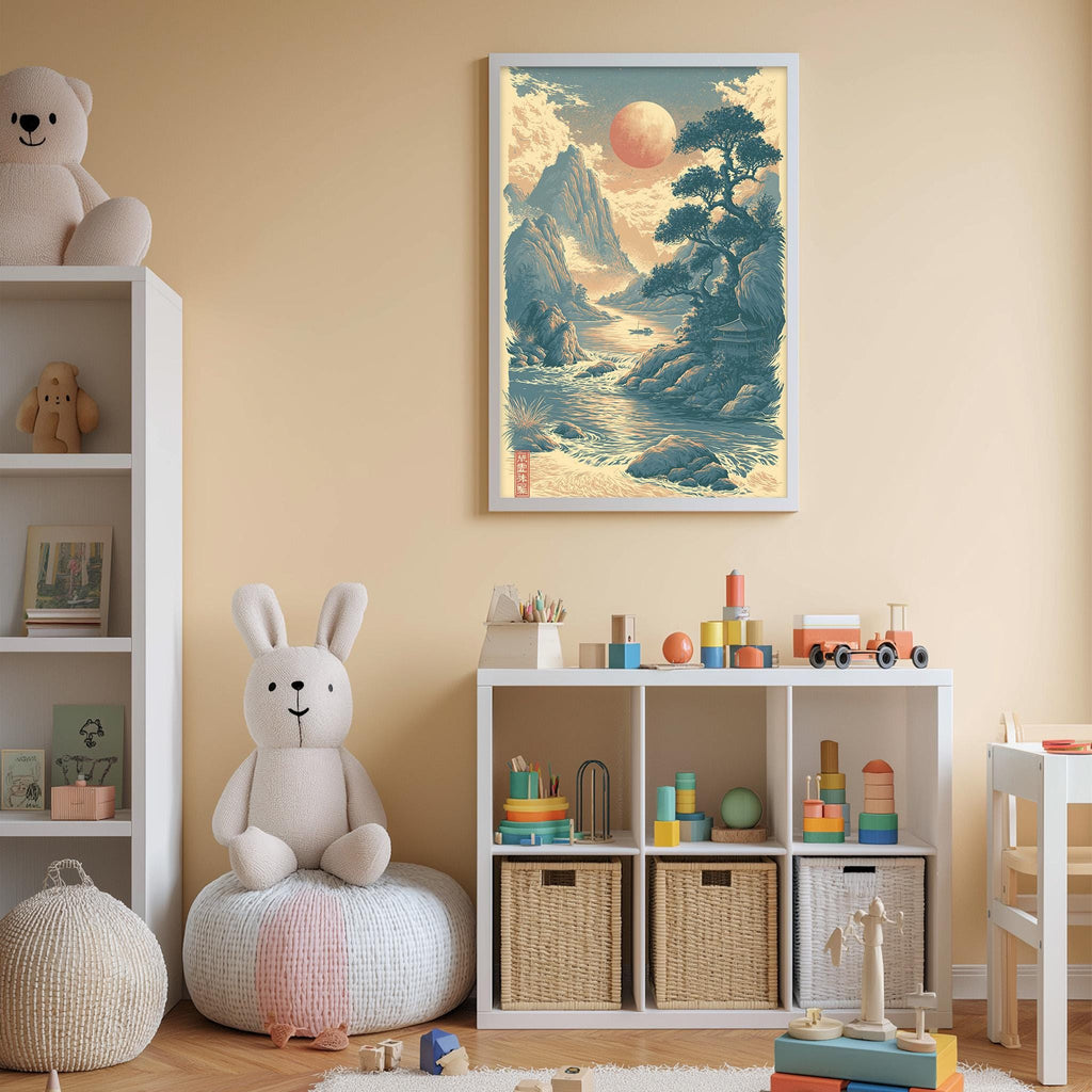A child's bedroom with a large landscape painting on the wall, a white bookshelf filled with toys, and a stuffed rabbit sitting on a bean bag chair.