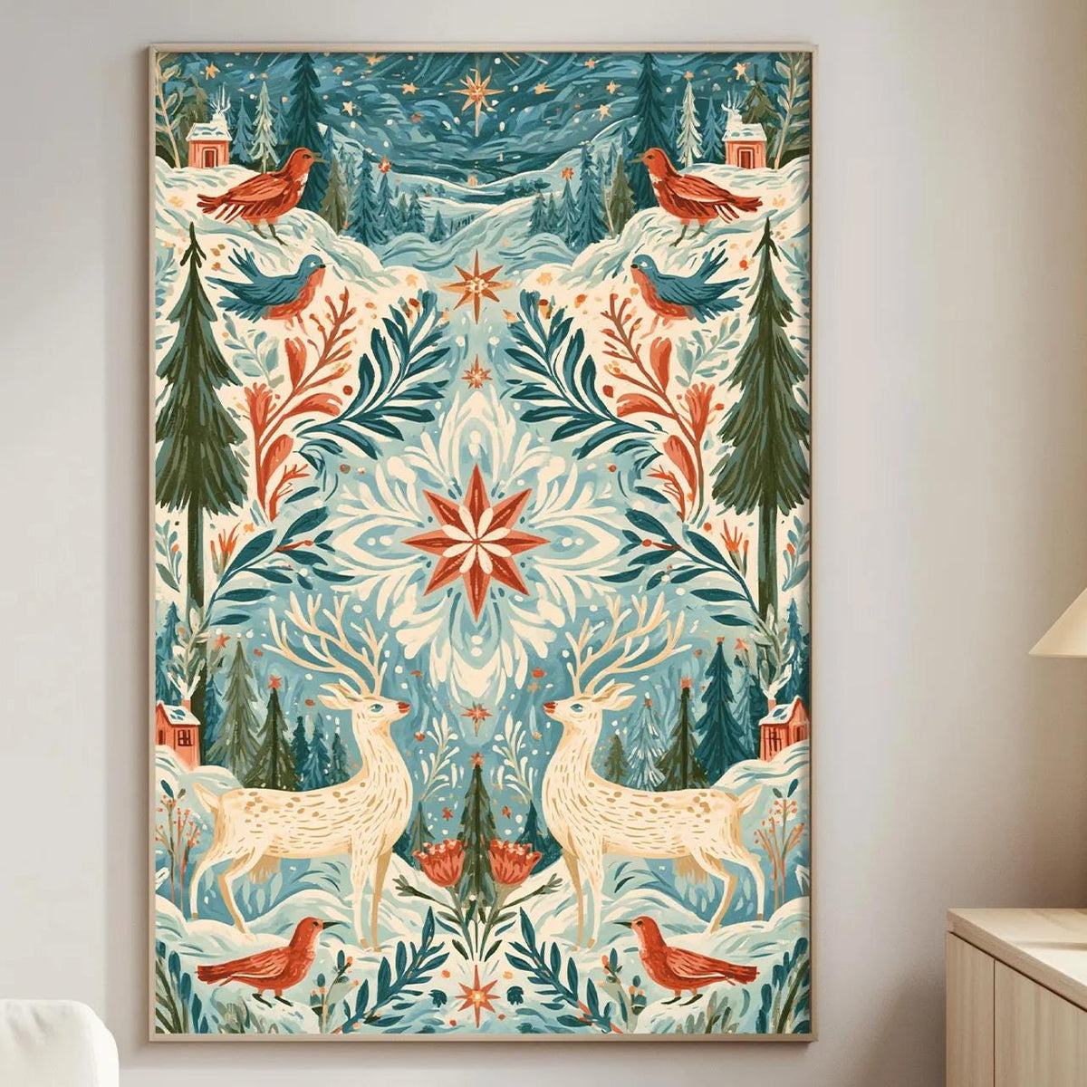 a large, colorful, and intricate painting of a winter scene with deer, birds, and trees, hanging on a wall in a living room.