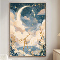 a large, framed painting of a crescent moon and stars on a wall, with a telescope in the foreground. The painting is surrounded by a cozy, minimalist living room setting with a white sofa, a wooden side table, and a lamp.