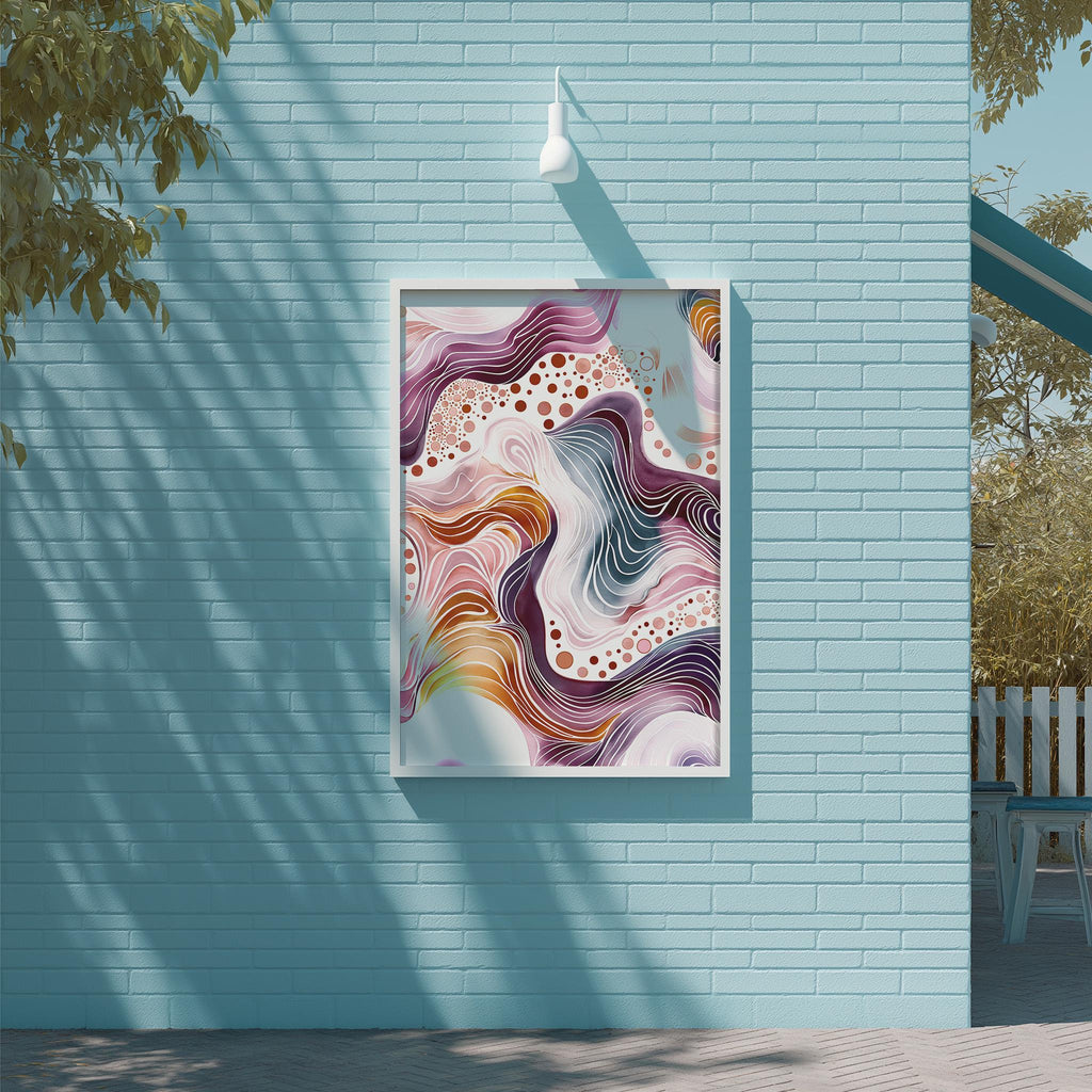 a vibrant abstract painting displayed on a blue brick wall, with a white light fixture above it.