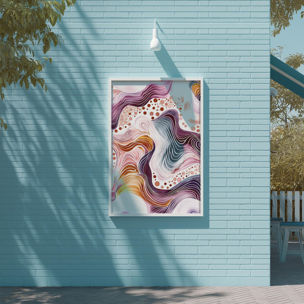 a vibrant abstract painting displayed on a blue brick wall, with a white light fixture above it.