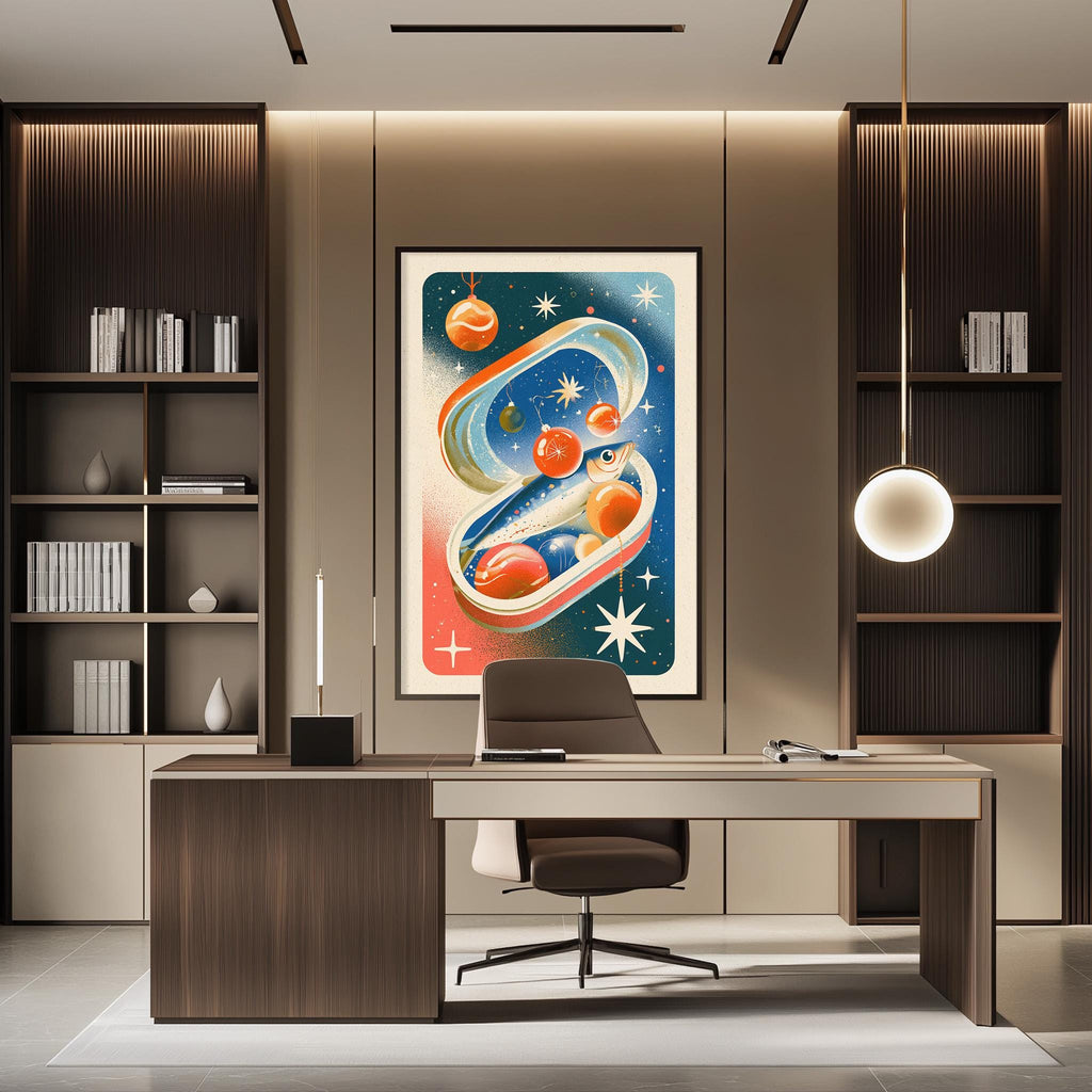 a modern office space with a large abstract painting on the wall, a wooden desk with a chair, and a bookshelf filled with books.