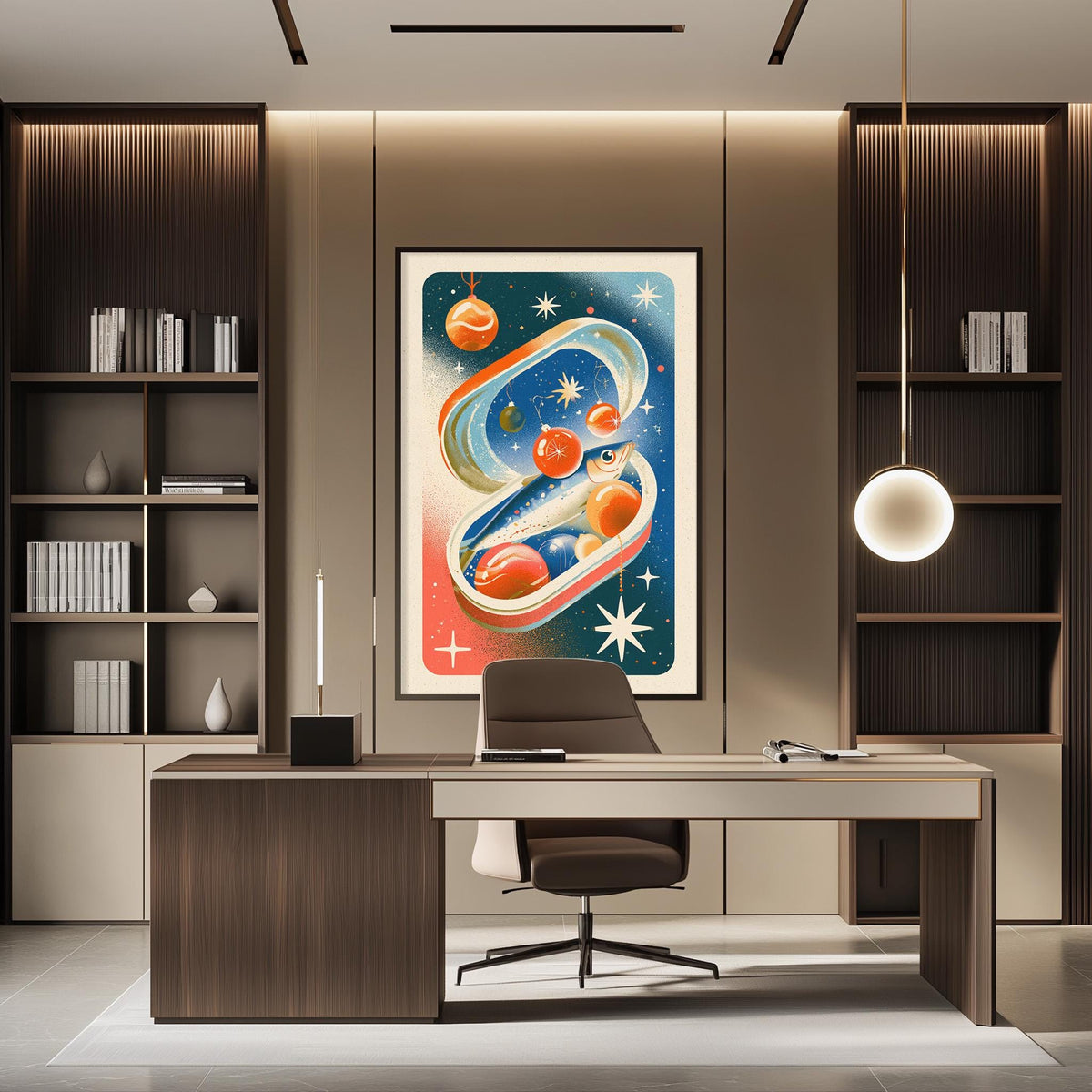 a modern office space with a large abstract painting on the wall, a wooden desk with a chair, and a bookshelf filled with books.