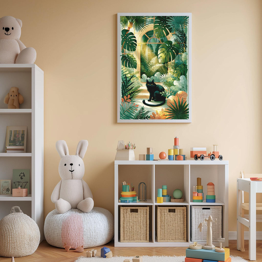 A cozy children's room with a large stuffed rabbit, a bookshelf, and a colorful toy box filled with various toys. A framed painting of a cat in a tropical setting hangs on the wall above the toy box.