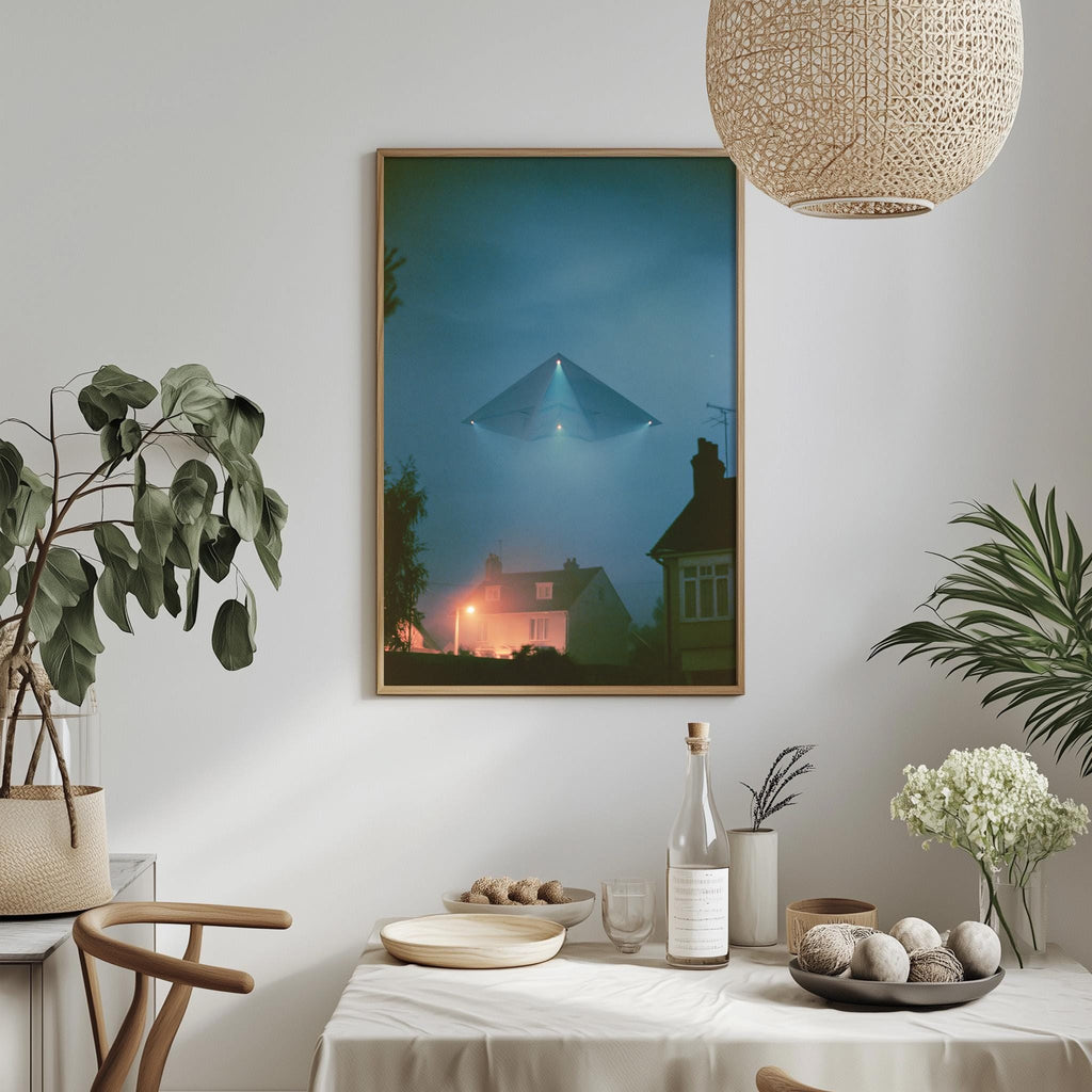 a dining table set with plates, bowls, and a bottle, with a framed picture hanging on the wall above it.