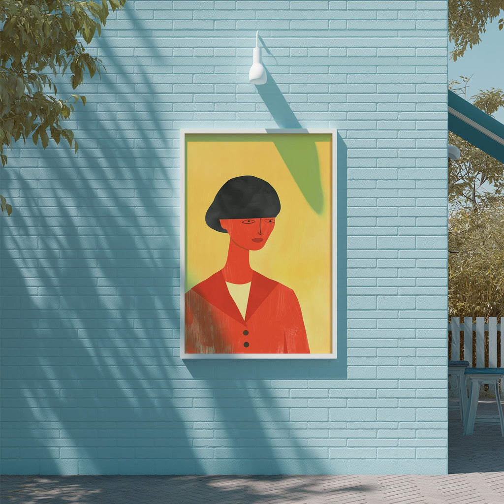 a vibrant painting of a woman in a red jacket, hanging on a blue wall.