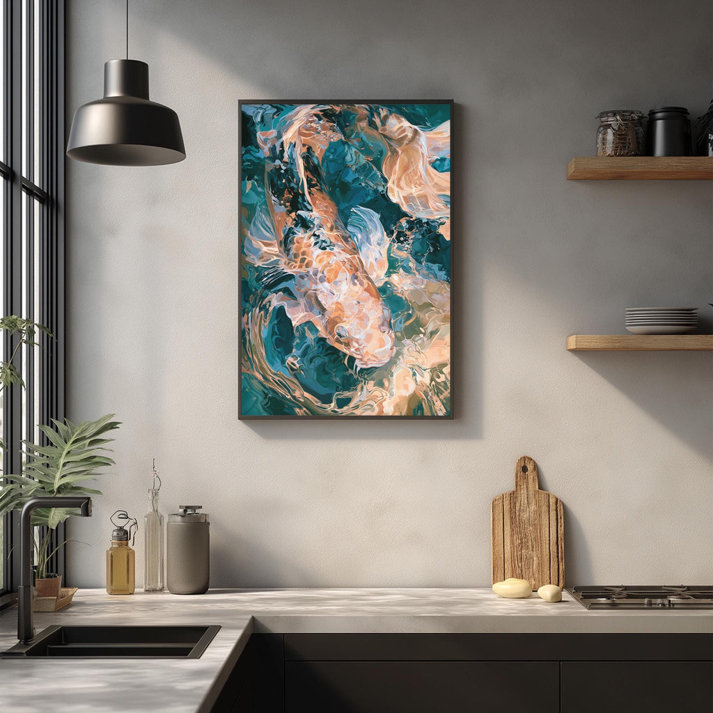 a modern kitchen with a large abstract painting hanging on the wall above a wooden cutting board and other kitchen items.