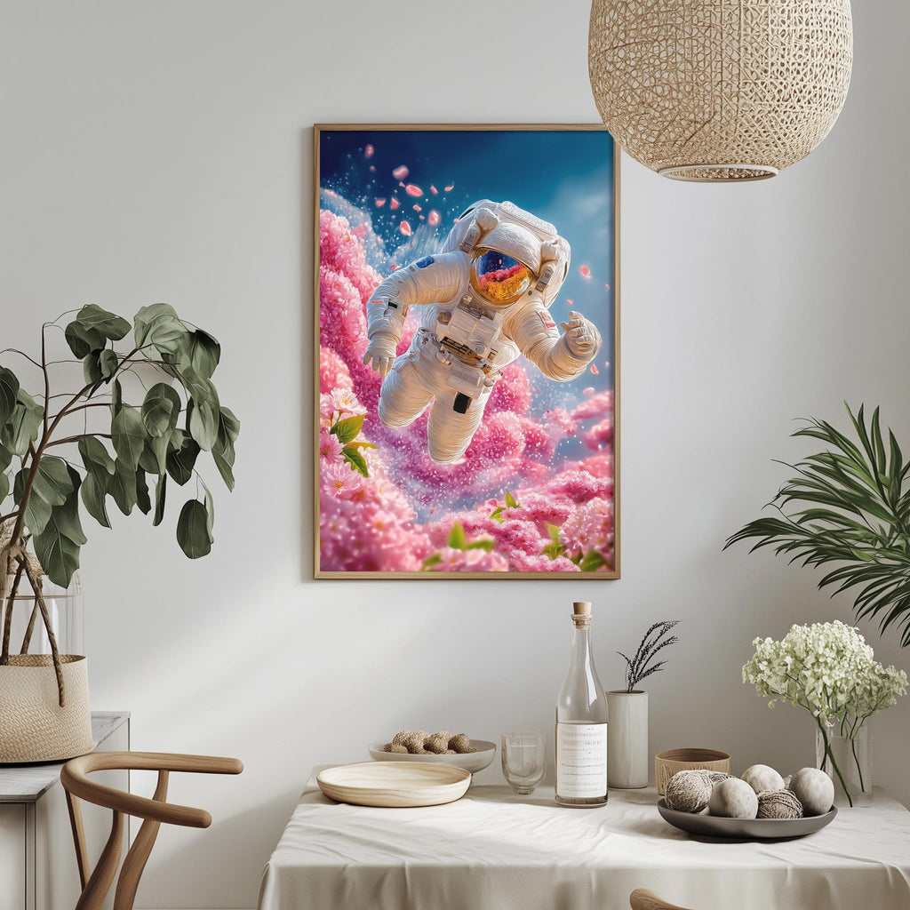 a framed artwork depicting an astronaut floating in a field of pink flowers, with a blue sky in the background.