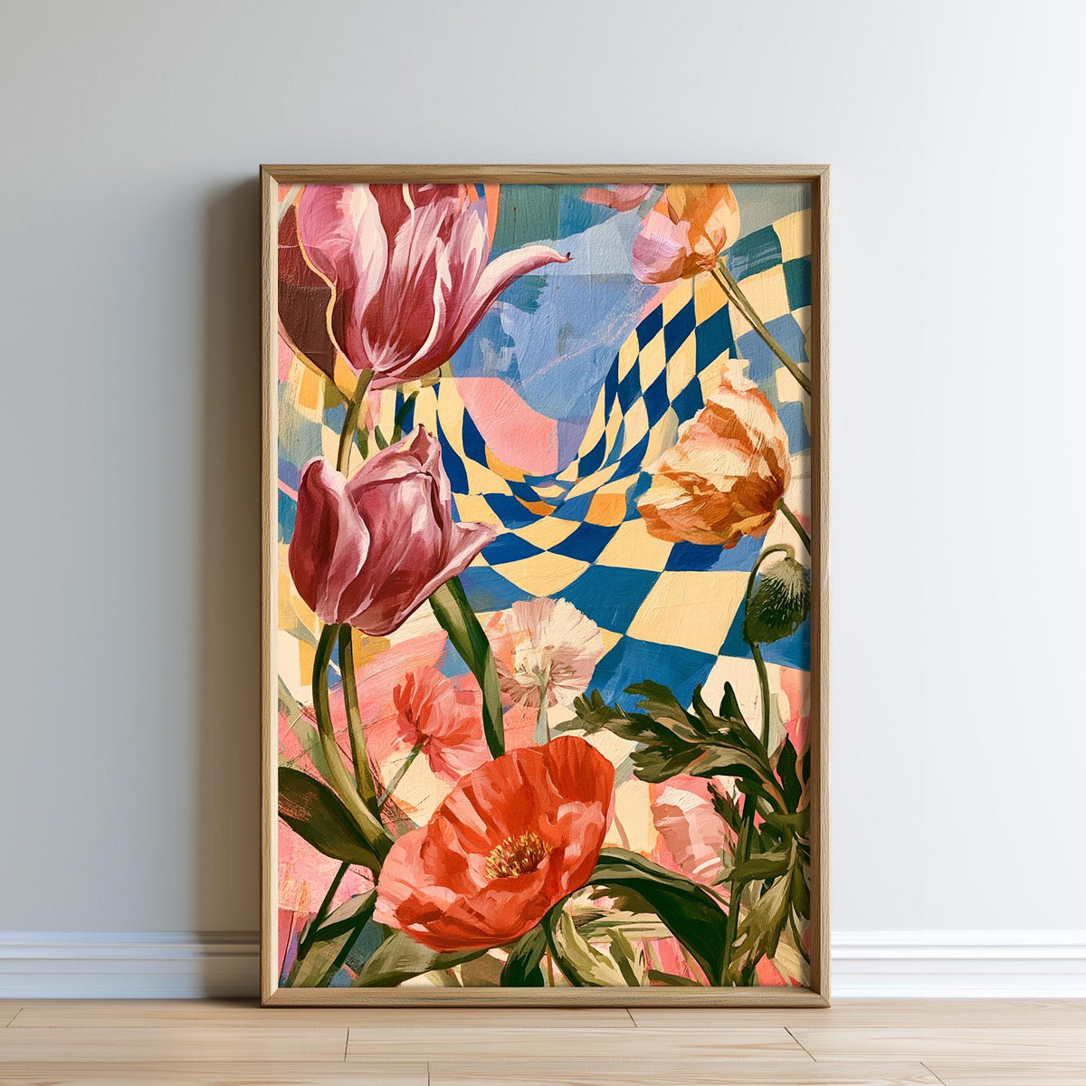 The image is a framed painting depicting a vibrant and colorful floral arrangement with various flowers, including tulips and poppies, set against a checkered background.