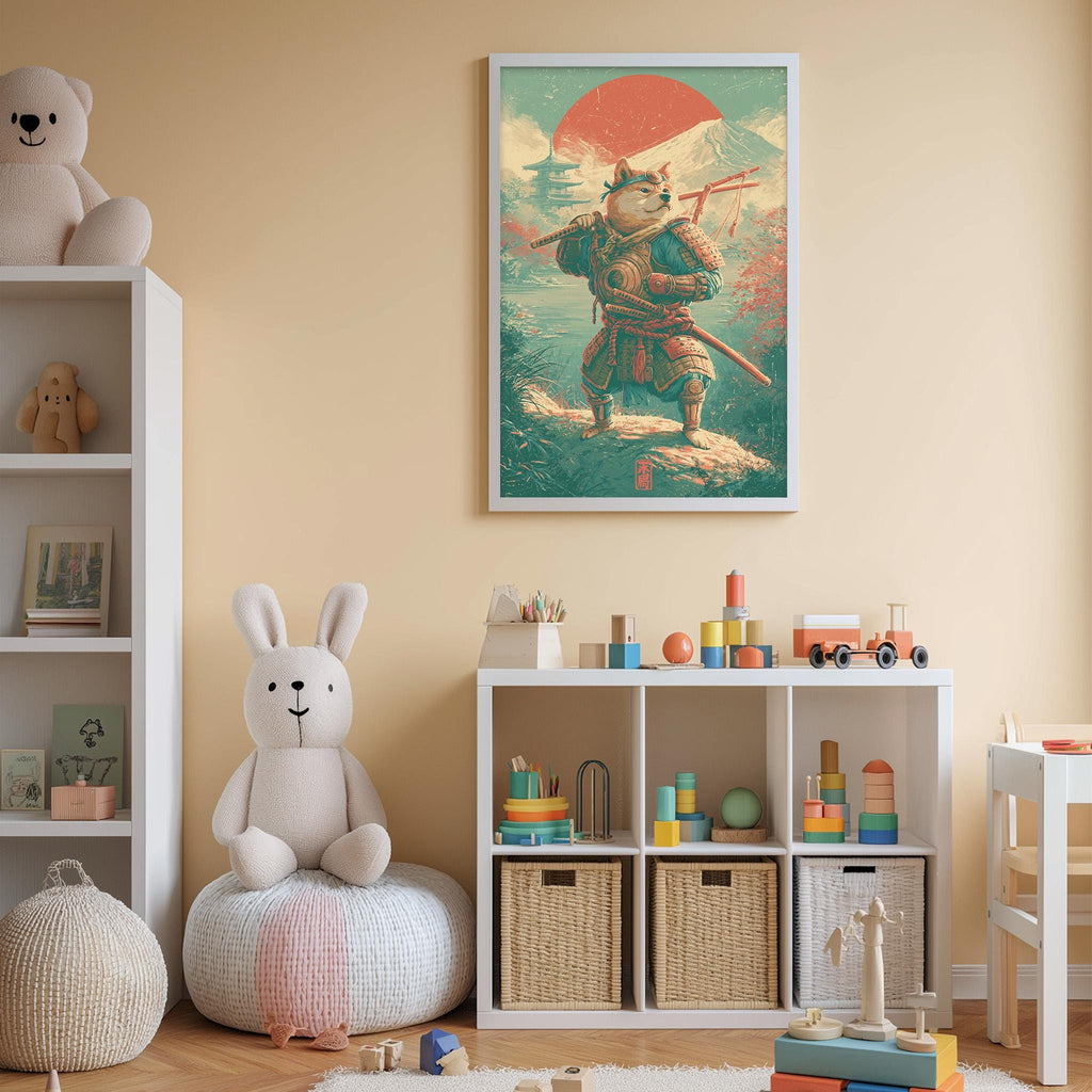 A child's bedroom with a white bookshelf, a stuffed rabbit, a toy castle, and a framed poster of a warrior character on the wall.