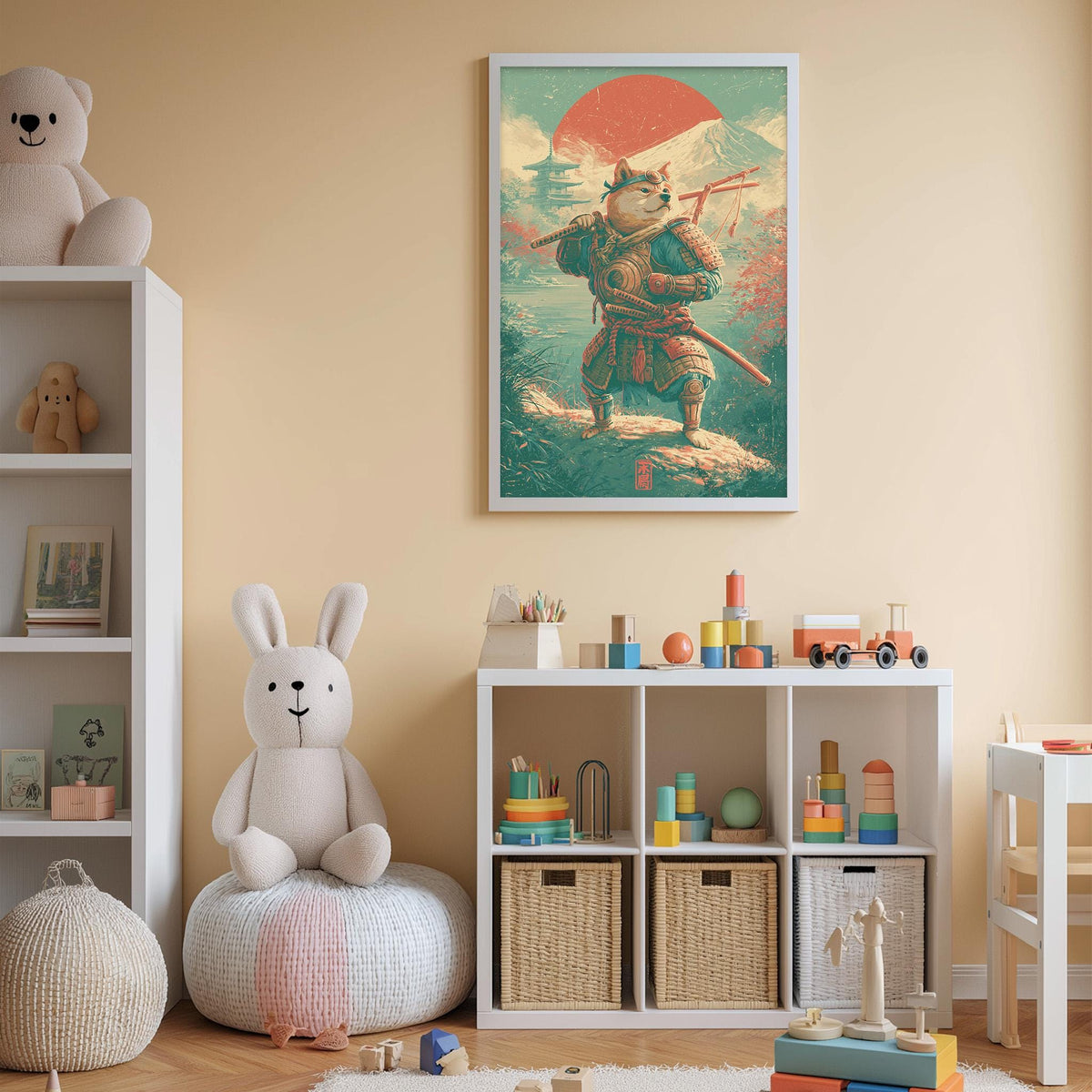 A child's bedroom with a white bookshelf, a stuffed rabbit, a toy castle, and a framed poster of a warrior character on the wall.