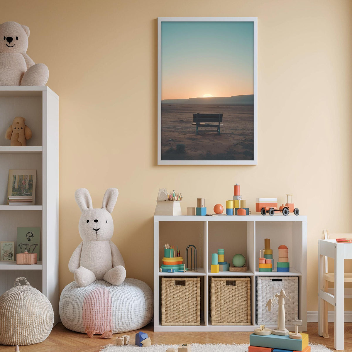 A cozy children's room with a white bench, stuffed animals, and a bookshelf filled with toys and books. A framed picture of a sunset is displayed on the wall above the bookshelf.