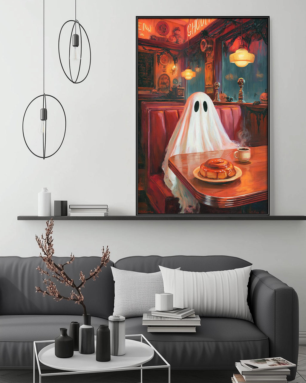a large painting of a ghost sitting at a table with a plate of food, including a donut, in a restaurant setting.