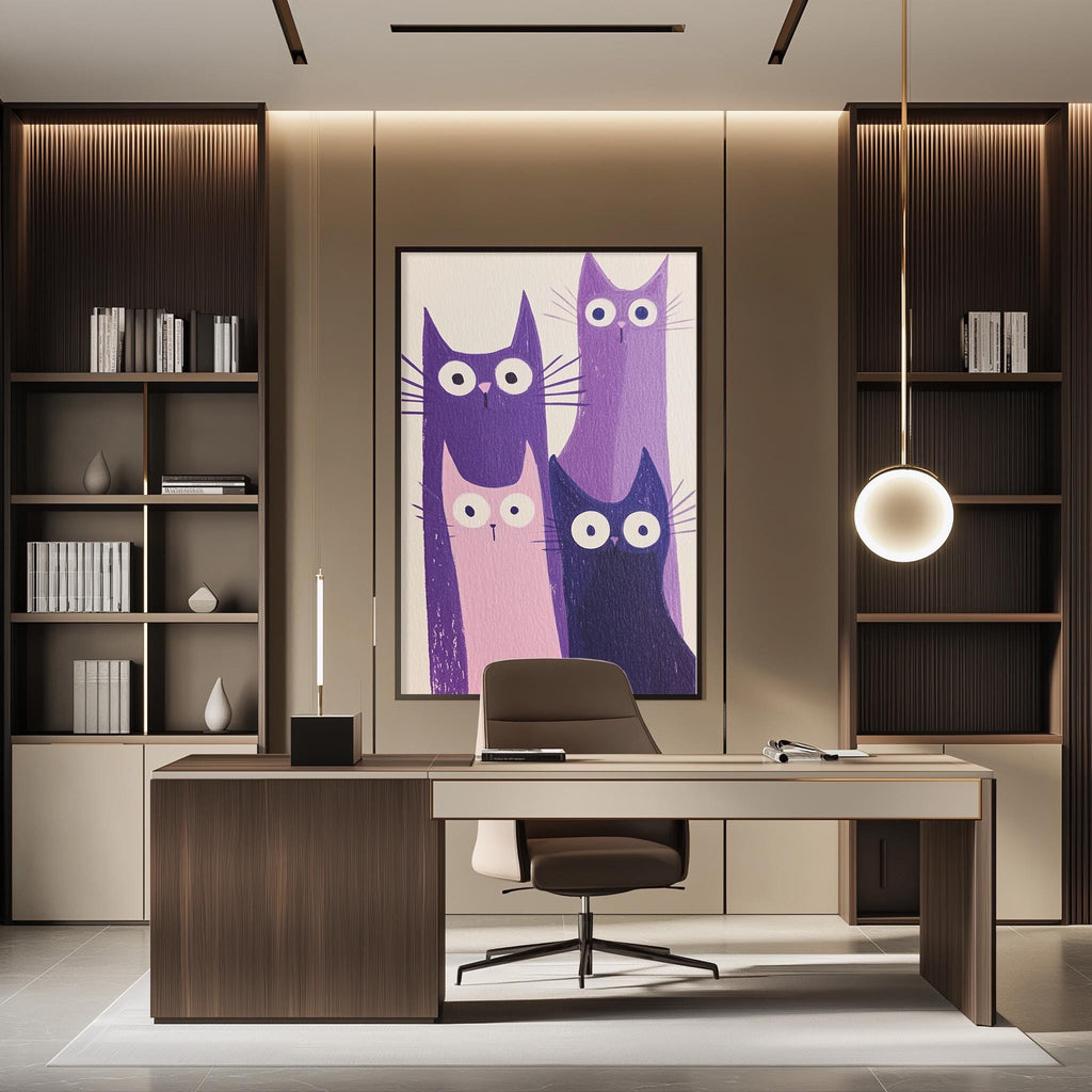 a modern and stylish home office with a large framed cat artwork on the wall, a wooden desk, a chair, and built-in bookshelves.
