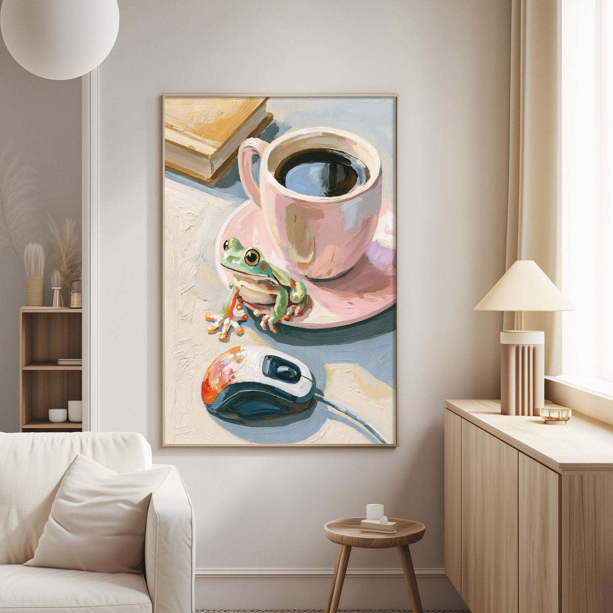 a cozy living room with a white sofa, a wooden side table, and a framed painting of a frog sitting on a pink coffee cup.