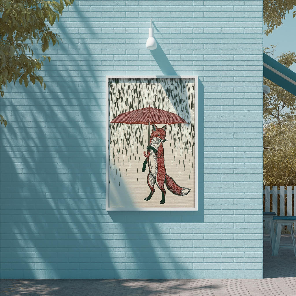 a framed illustration of a fox holding an umbrella, standing on a brick wall.