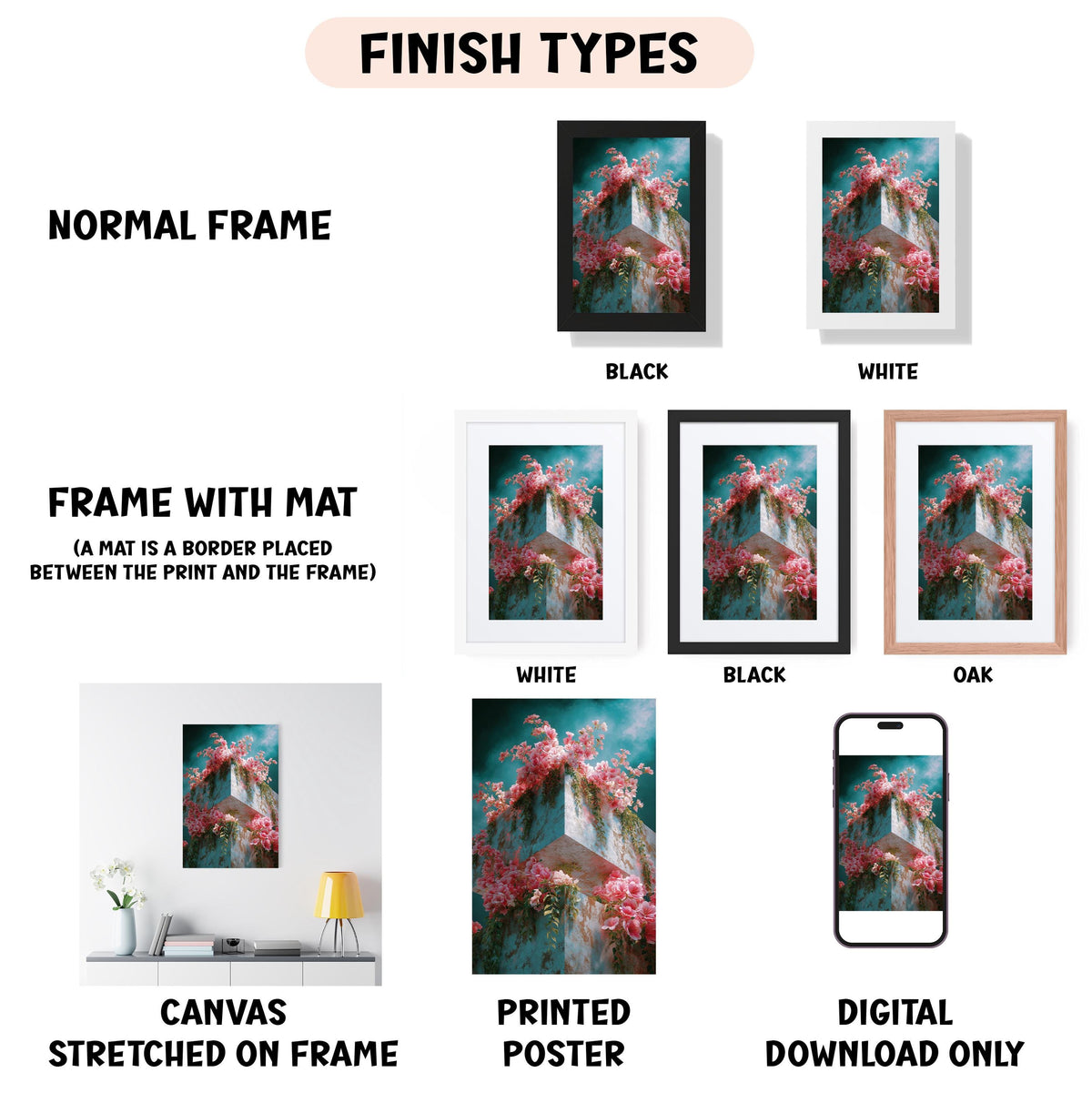 various types of artwork, including a normal frame, a frame with a mat, a white frame, a black frame, an oak frame, a white canvas stretched on a frame, a printed poster, and a digital download only.