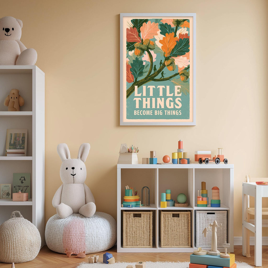 A child's bedroom with a white bookshelf, a stuffed rabbit, and a colorful poster on the wall. The poster features a tree with orange leaves and the text "Little Things Become Big Things".