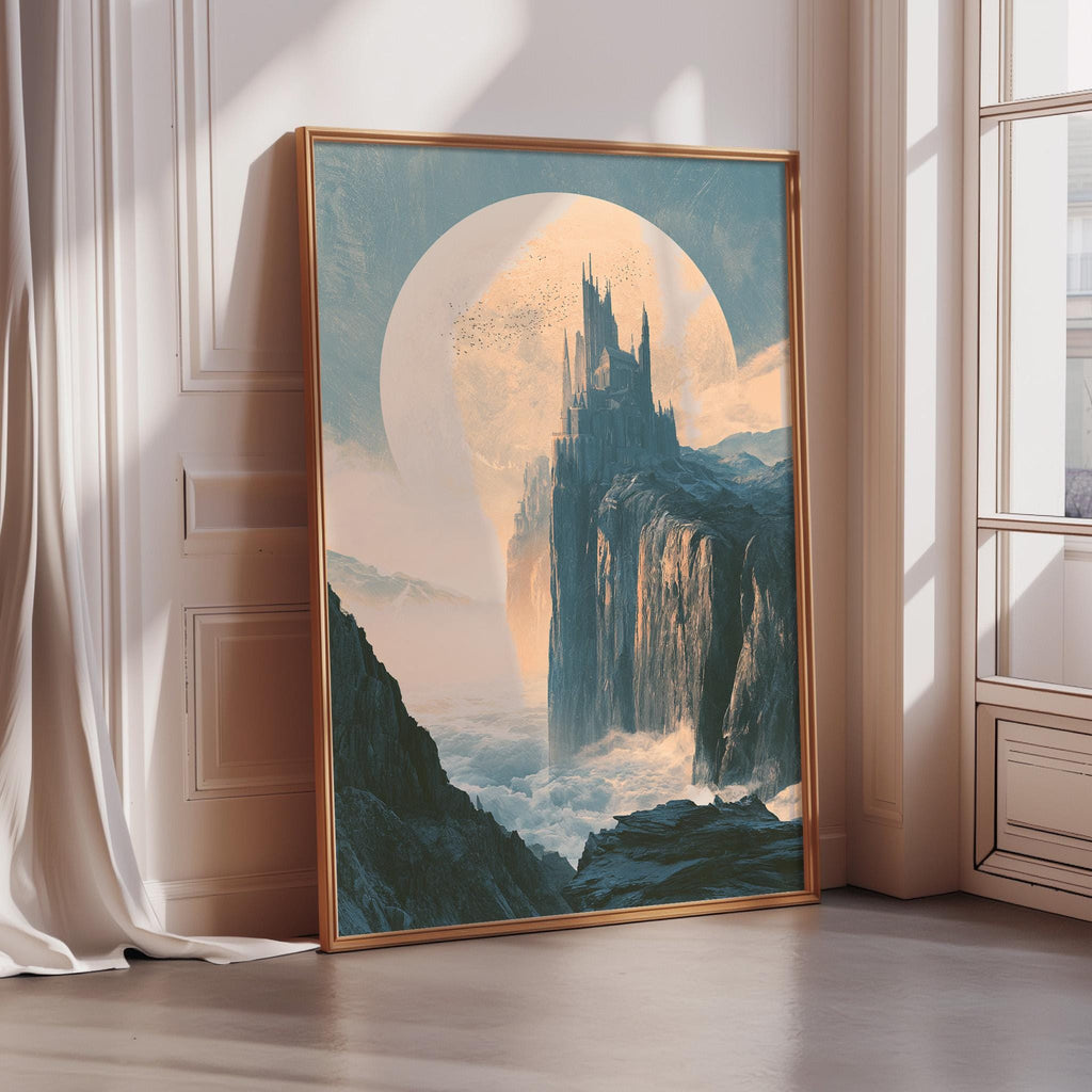 a large, framed painting depicting a fantastical castle on a cliff overlooking a vast body of water.