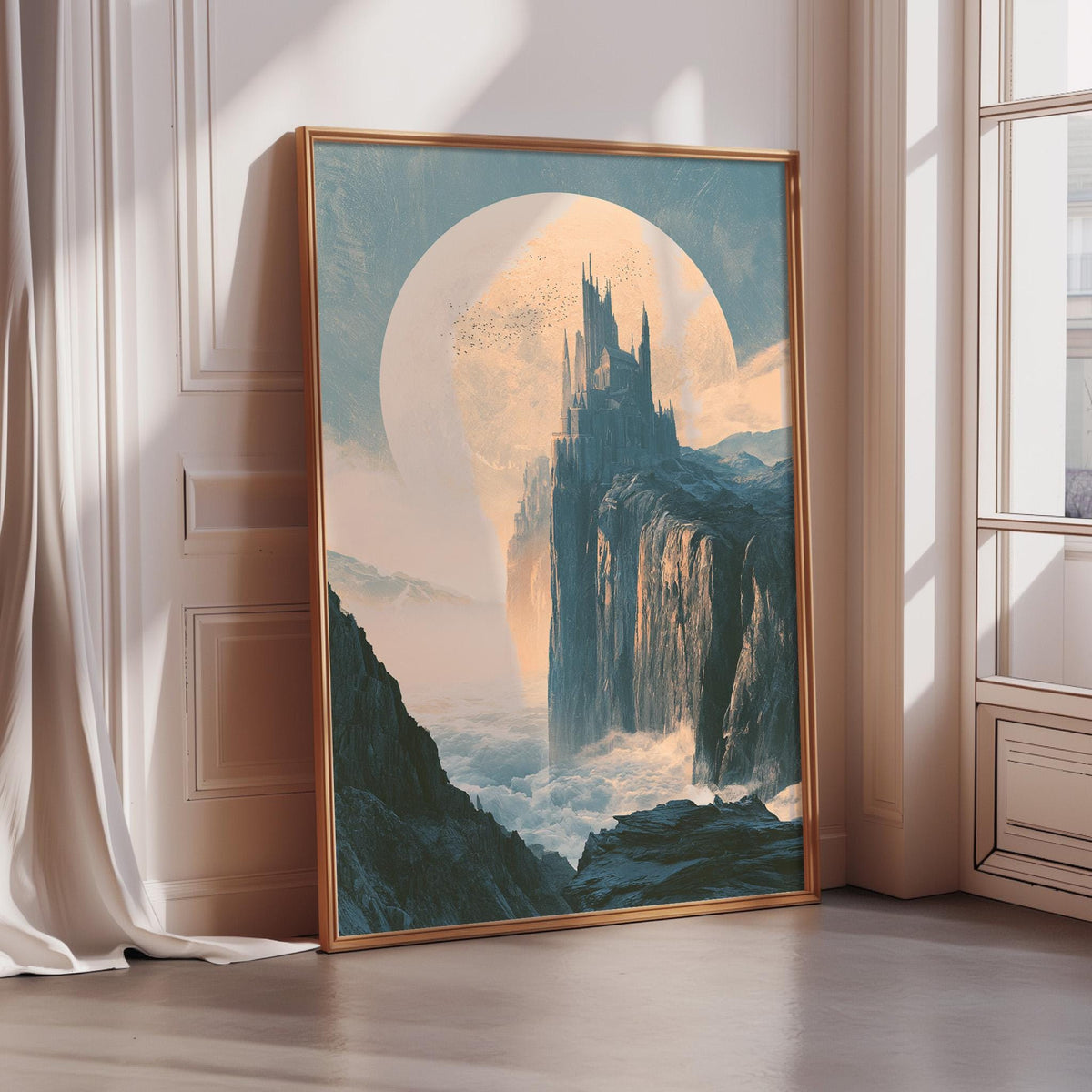 a large, framed painting depicting a fantastical castle on a cliff overlooking a vast body of water.