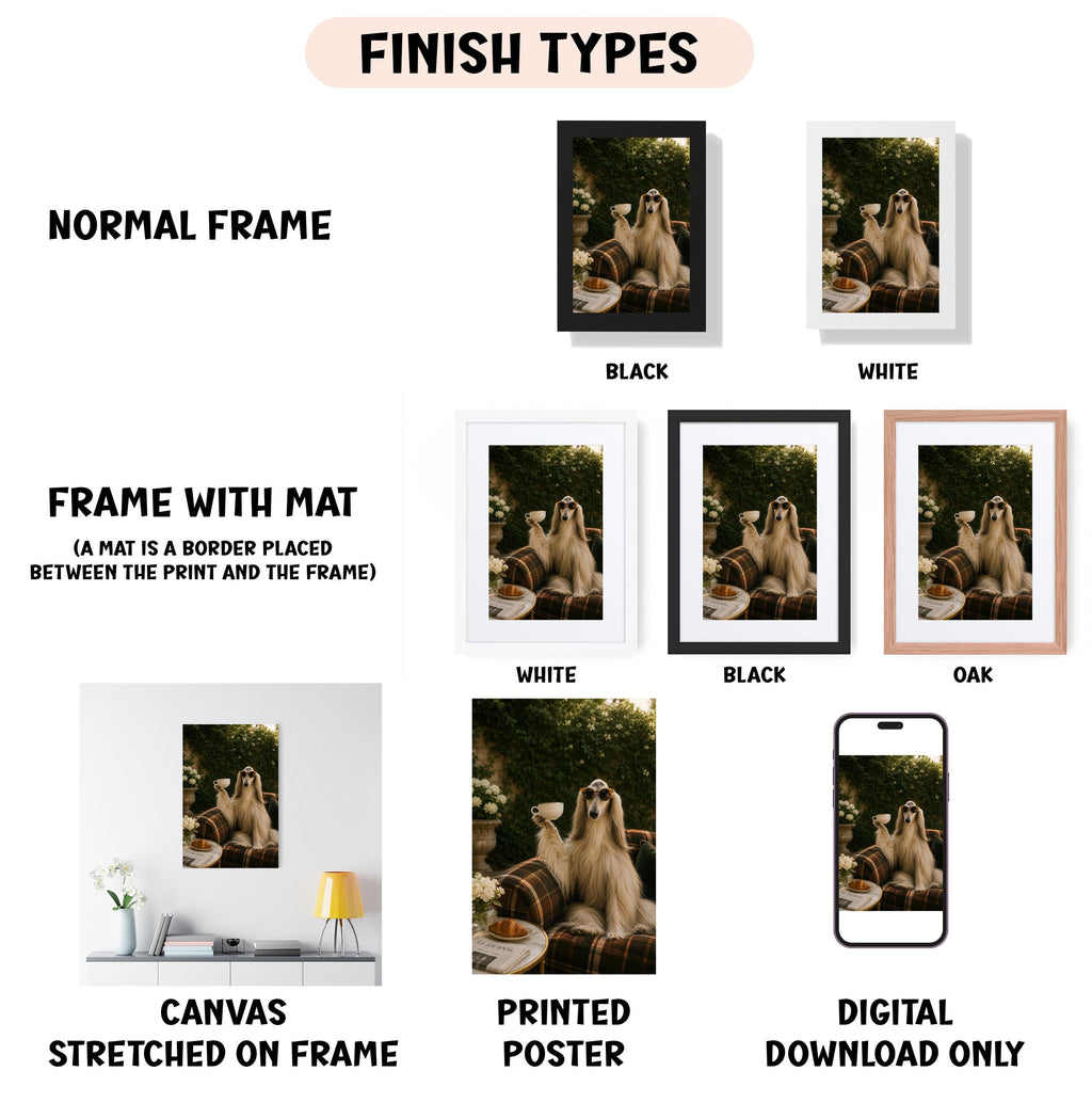 various types of framed artwork, including a normal frame, a frame with a mat, a white frame, a black frame, an oak frame, a white frame, a black frame, a canvas stretched on a frame, a printed poster, and a digital download only.