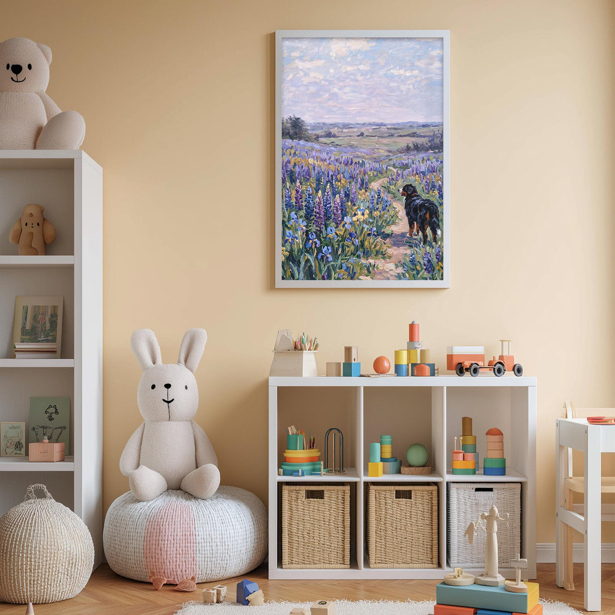 A cozy children's room with a large stuffed bunny, a bookshelf, and a toy chest filled with toys. A framed painting of a field with purple flowers hangs on the wall, and a dog is visible in the background.