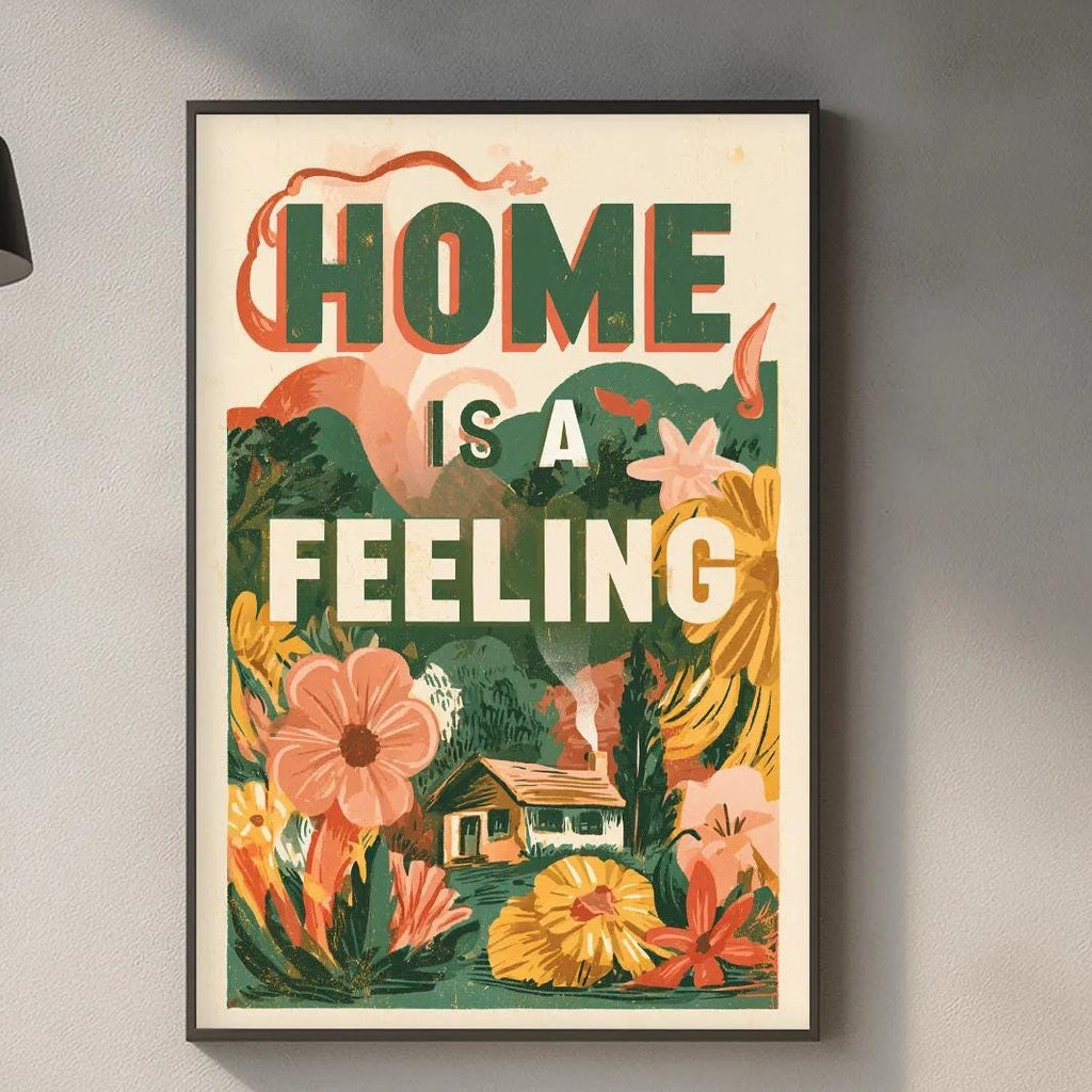 a framed poster with the text "HOME IS A FEELING" hanging on a wall above a kitchen counter with various kitchen items such as a cutting board, a bottle, and a plant.