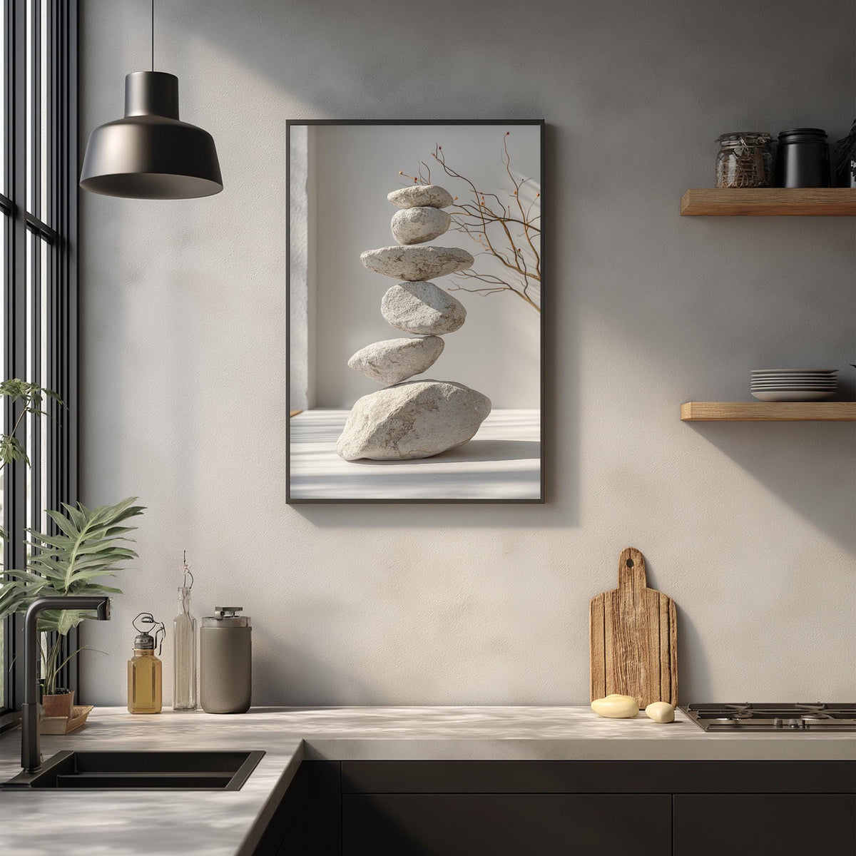 a minimalist kitchen scene with a framed photograph of stacked stones on the wall, a wooden cutting board, and various kitchen accessories such as a soap dispenser and a bottle.