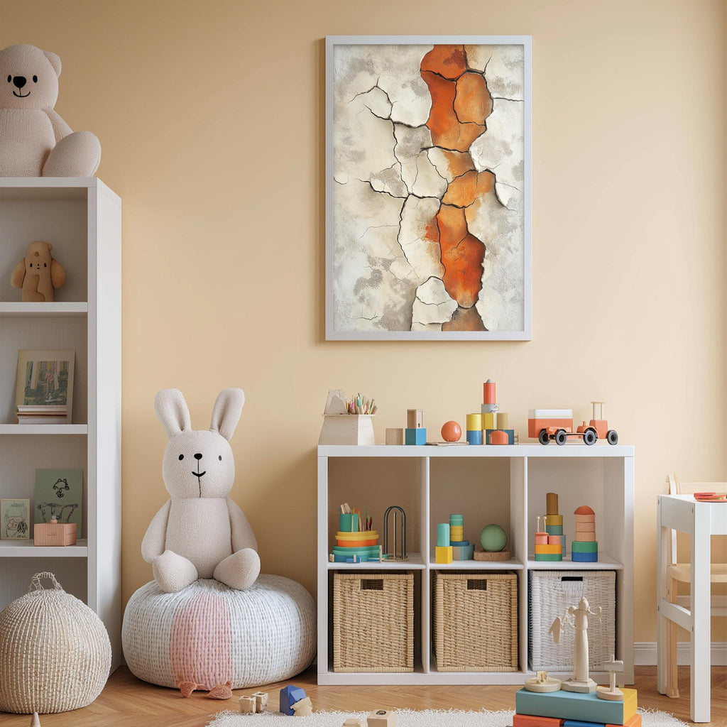 A cozy and colorful children's bedroom with a large stuffed rabbit, shelves filled with toys, and a framed artwork on the wall.