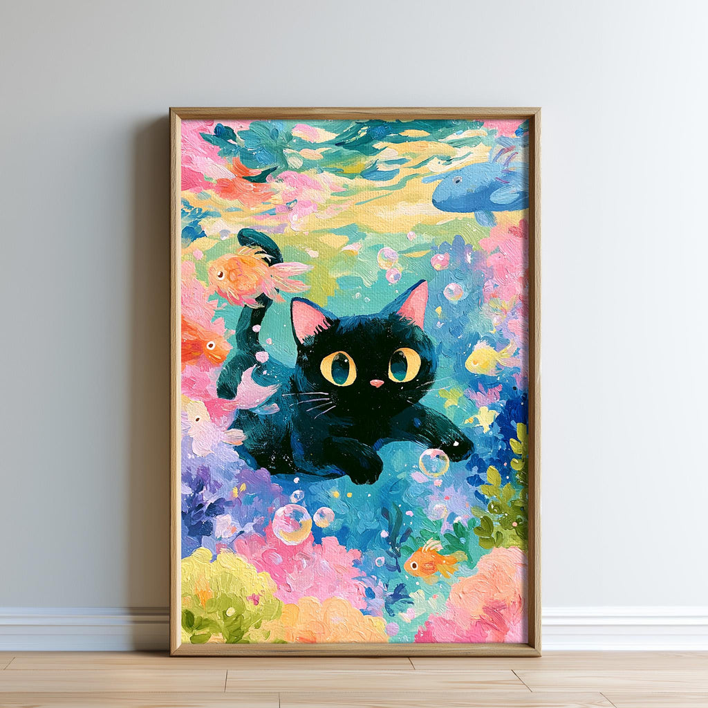 A framed painting depicting a black cat swimming underwater, surrounded by colorful fish and bubbles.