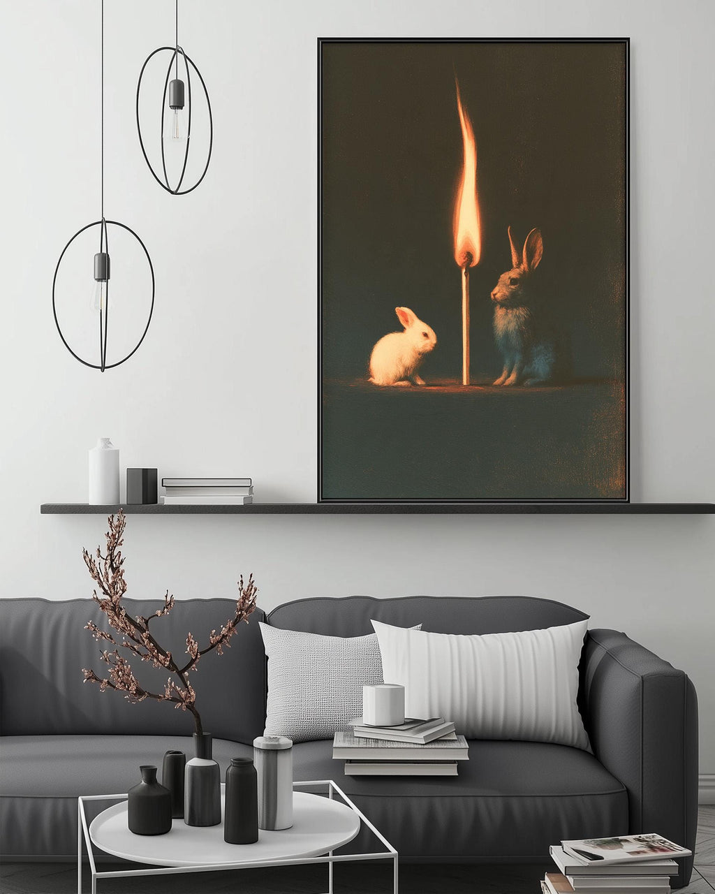 a cozy living room with a gray sofa, a coffee table, and a large framed artwork depicting two rabbits sitting next to a lit match.