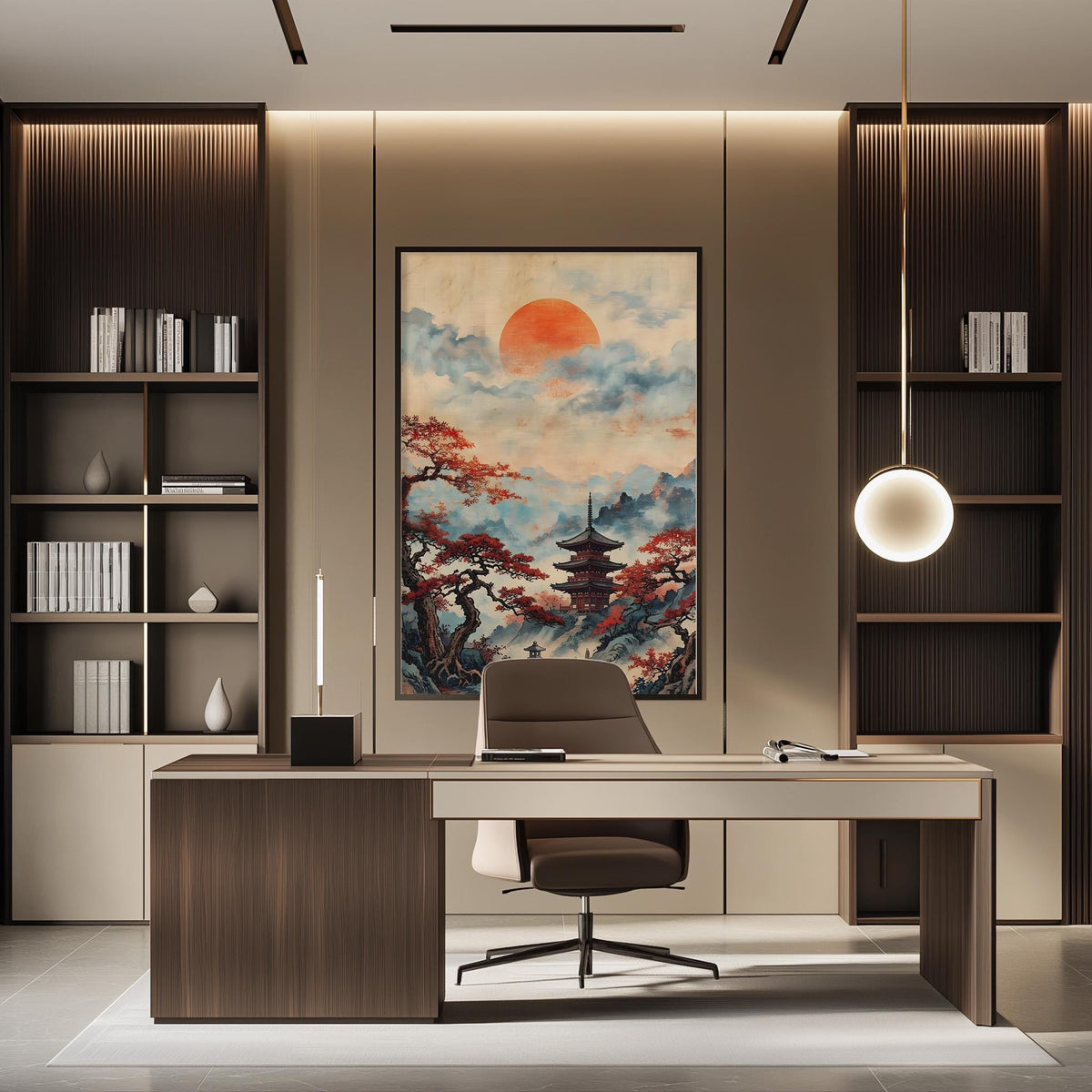 a modern and minimalist office space with a large painting of a serene landscape featuring a pagoda and a sunset as the focal point. The office has a wooden desk, a comfortable chair, and a bookshelf filled with books and decorative items. The overall design and layout of the space create a calm and inviting atmosphere.